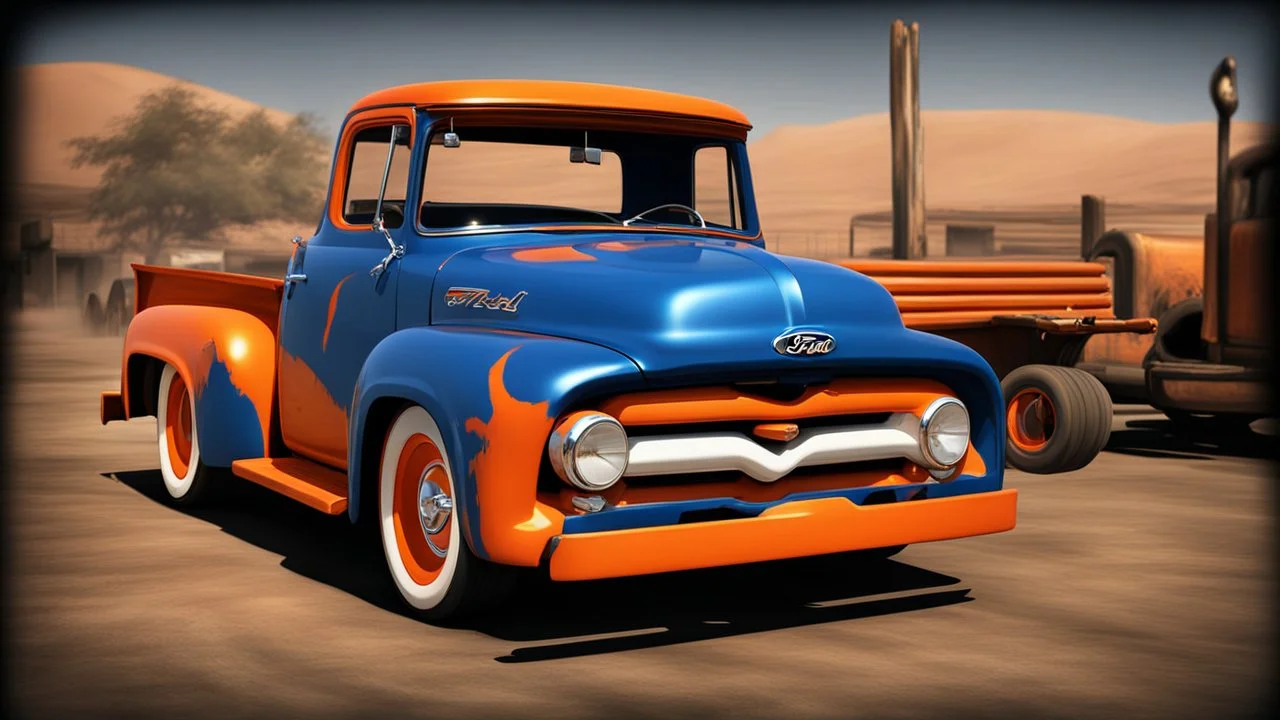 ford 56 truck, orange and blue painted, dirty, on dusty street, tooned style, big engine, big wheels, racing mode, darknight background. 3/4 view, high resolution picture.