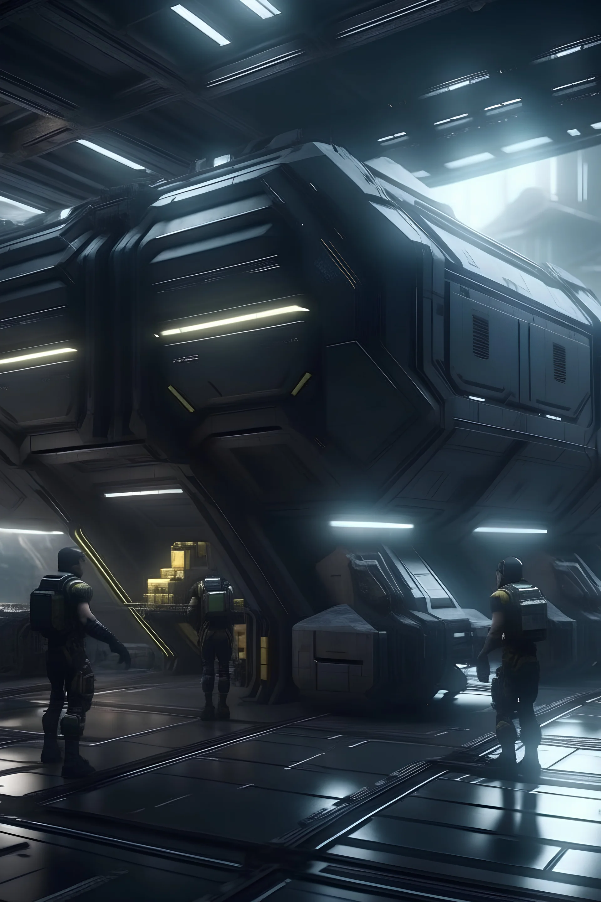 futuristic crew loading cargo containers into a spaceship