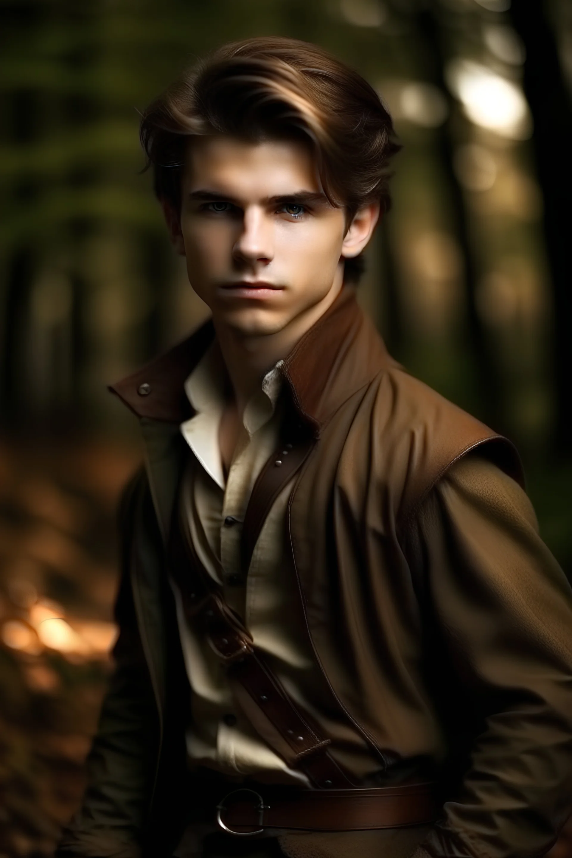 Fantasy world, young hot bad boy with brown hair, dressed elegant as hunter