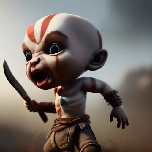 Cute baby video game god of war krotos, axe, mytology, 8k resulation, cinematic lighting, octane render, unreal engine 5