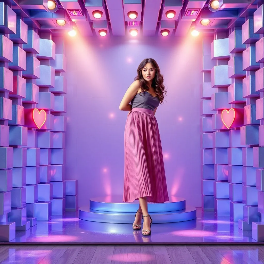 make a picture pretty stage made of metallic blue-gray teme 3d recursive cubic and sphere and heart simbol lights s base structures and a beautiful fashion model lady standing with cute in scene with sexy top and pretty pleated midi skirt ,makeup curvy long hair,dynamic camera zoom to full body and pan, dynamic lights.
