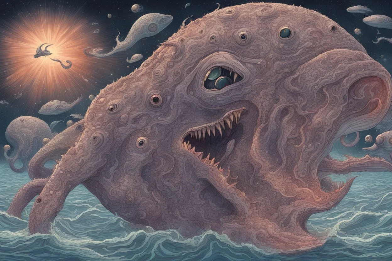 View into an event horizon in space with many enormous strange tentacled whale-like creatures with many huge faceted eyes and mouths, flying around