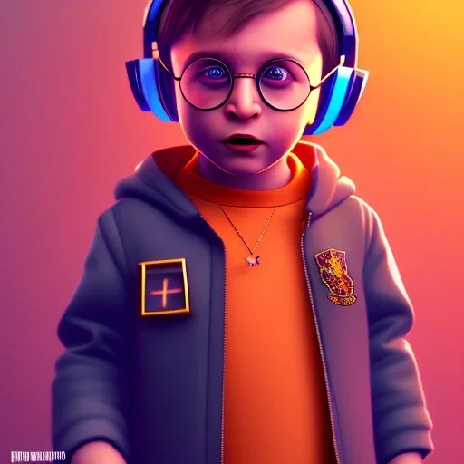 Harry Potter toddler, smile, cyberpunk headphone, sunglass, gangsta neckless, full body, orange puffer jacket, tokio background, dramatic lighting, hyper realistic, unreal engine 5, 16k