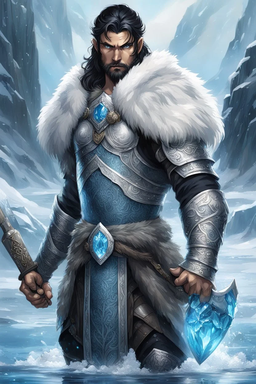 1 mana warrior, with blue eyes and black hair man in silver Viking armor with fur around the neck with blue crystal on his chest , standing in water in the artic, holding a ice axe, warrior in anime style,