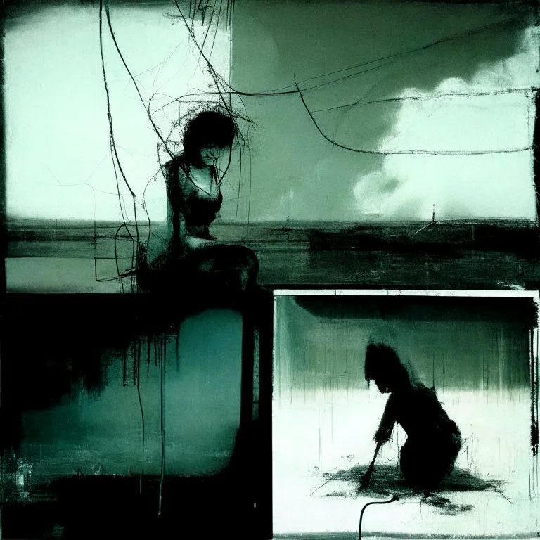 Dystopian future women twisted body with retro monitor head and handing wires. In desolate landscape at night. With a concrete decaying block. Abstract oil painting in style of Justin Mortimer