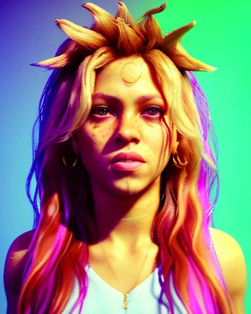 portrait, Shakira, blonde artist, Realistic image, gold line make-up, sweat, fog, goddess style. drinking a strawberry milkshake, Neon colors, leds. Black background, photo studio, concept art, smooth, unreal engine 5, god lights, ray tracing, RTX, lumen lighting, ultra detail, volumetric lighting, 3d, finely drawn, high definition, 4k.