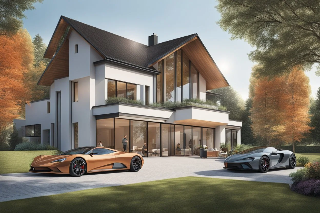 Architectural drawing of a luxurious modern country house, trees, people and cars, complementary colors