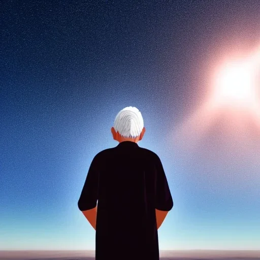 humano de cabelos grisalhos, olhando para o horizonte, usando magia de fogo antiga