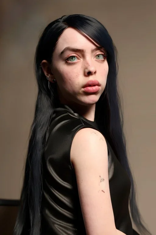 Billie Eilish, sitting on a chair, Black Short Dress, high detail, realistic, 8k