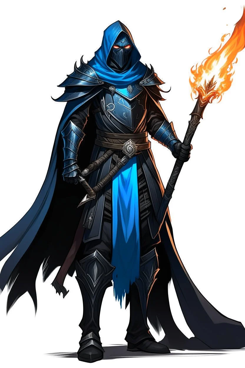 A commander with a matte black combat helmet and eyes with bright blue flaming pupils, a black cape and a long coat with long combat boots and a long, sharp and fiery spear and with his helmet under his cape and two blue flames instead of eyes