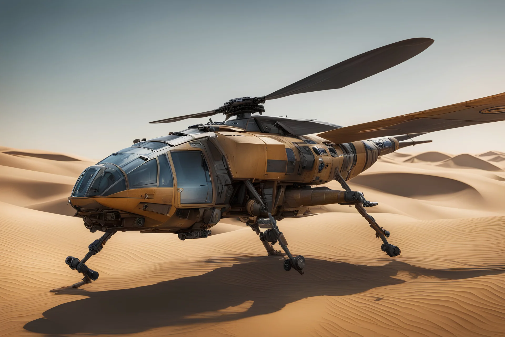 tabletop role-playing miniature of a dune dragonfly-helicopter. concept art hyperrealism 4K ultra HD unreal engine 5 photorealism.