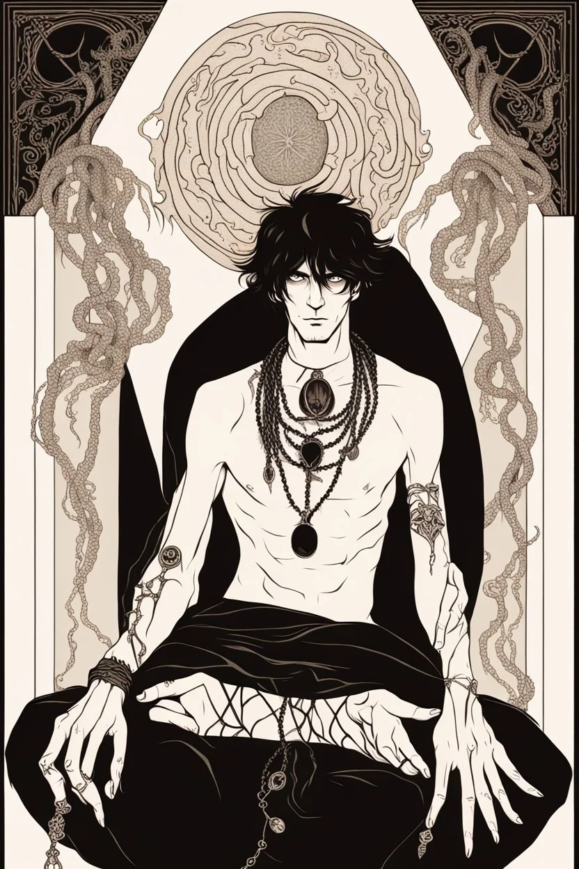 black haired young man necromancer wizard with gothic jewelry and tentacle fingers in the style of Aubrey Beardsley