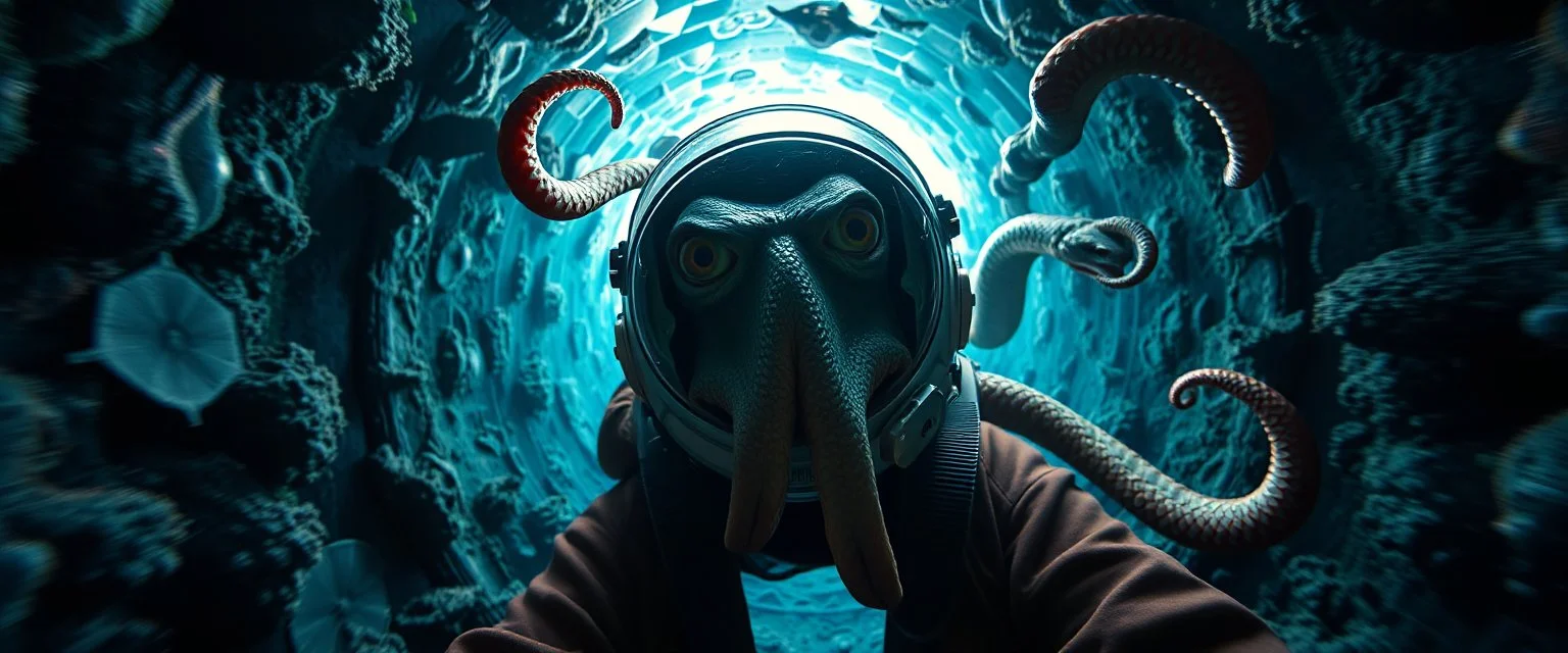 deep ocean hyper sonic space warp through jungle tunnel crash pilot ,weird experiment gone wrong perspective close up portrait of dj shrimp beaver octopus smug snake gringo gremlin pilot floating in space, looking down on cam, with background in the style of escher and giger, a chill contrapunctus fugue in the style of fsol, beethoven, goa trance breaks, dancefloor drum and bass,