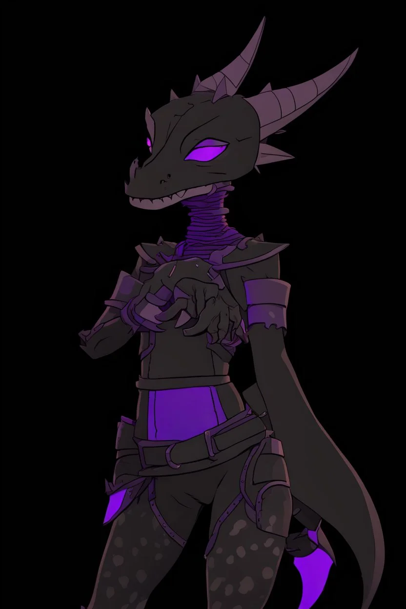 a black and purple, female argonian artificer who uses Tesla coils as weapons, skinny, lightly armored