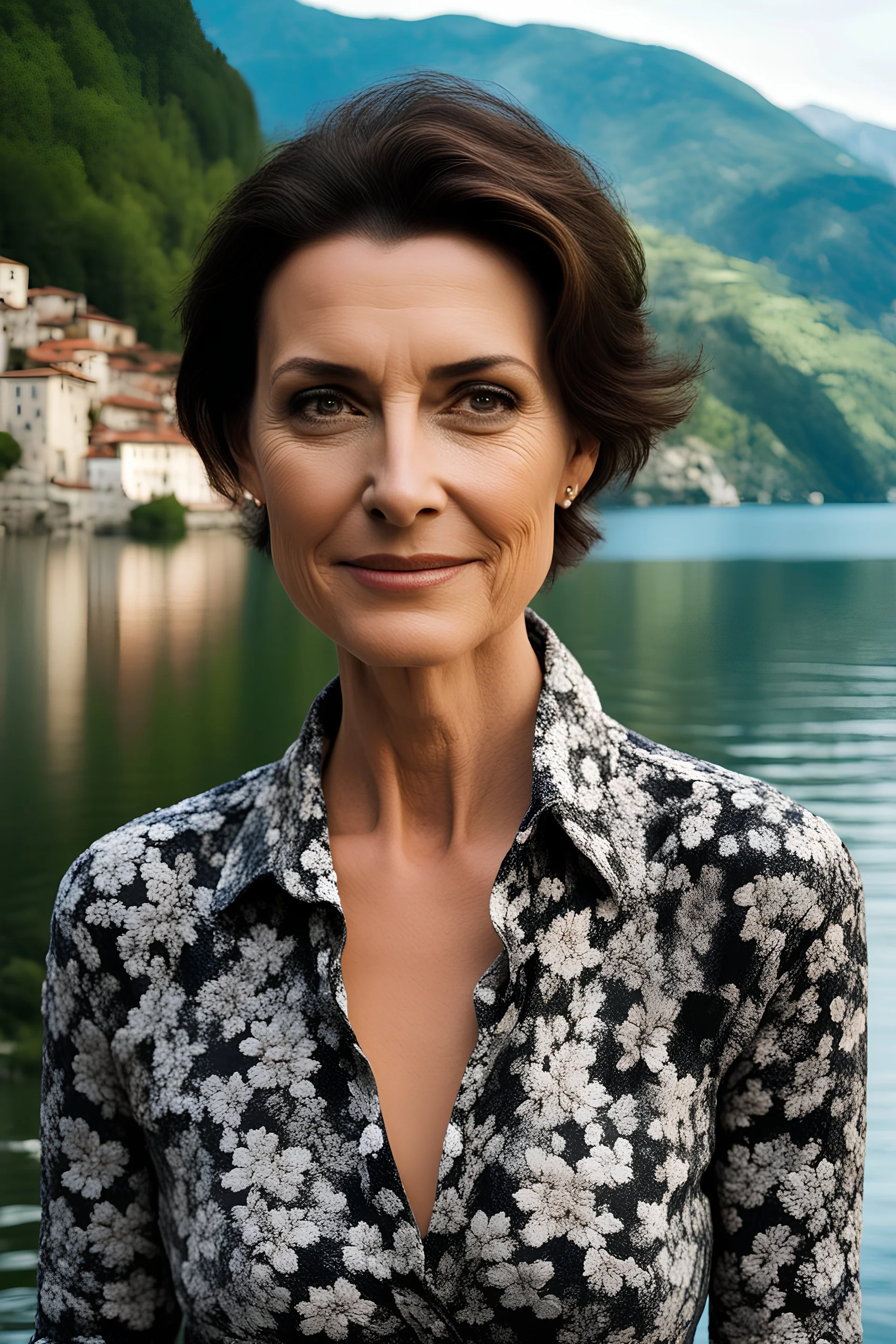 Act like a fashion photographer. Create a natural, not shiny, realistic photograph of a small Italian town at Como Lake in late spring with a 40-year-old, looking younger than her age, beautiful, Italian woman in Monica Belluci style with short hair and black eyes. Use a portrait lens and a Fuji T30 camera for mild light, warm, golden hour photos from a distance, elegant red dress, low exposition