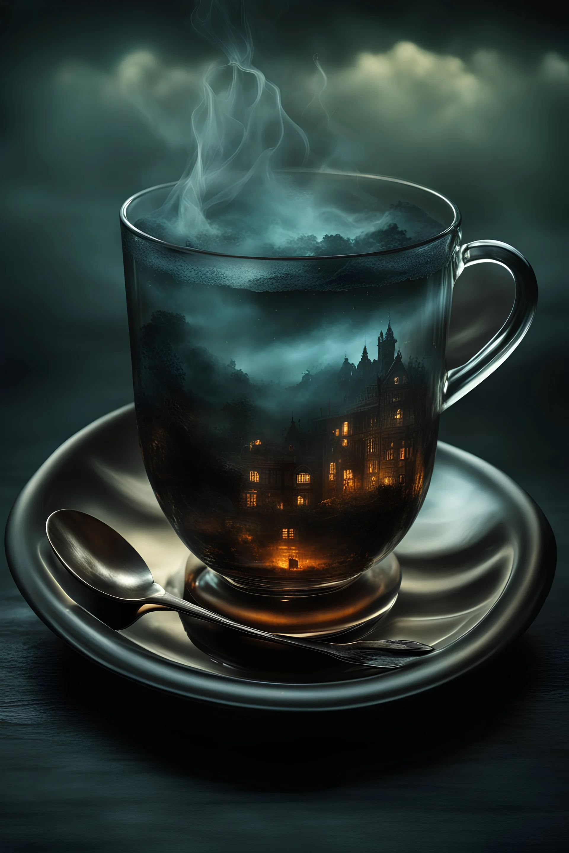 dark Storm inside a glass teacup, random background with dark colors and pale blur lights, sinister, ethereal fantasy hyperdetailed, mist, surreal, crepy stunning