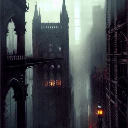 Gothic bridges between building,Bridges on rooftops, Gotham city,Neogothic architecture, by Jeremy mann, point perspective,intricate detailed, strong lines