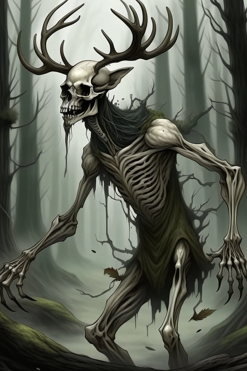 wendigo with deer skull covering head and face and emaciated full body image