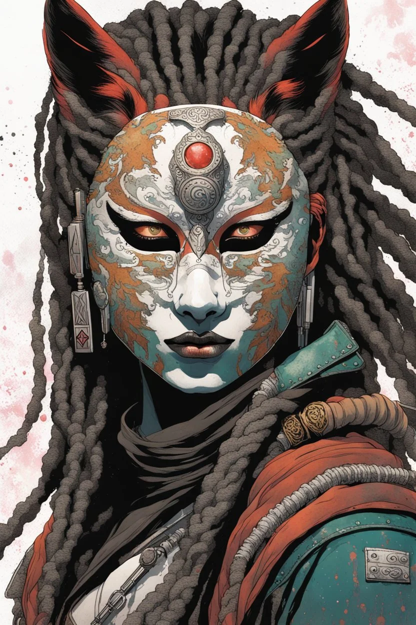 front facing full length portrait illustration of a grunge armored female , beaded dreadlock hair, cyberpunk vampire mercenary wearing an ornate kitsune noh mask , and shemagh, highly detailed with gritty post apocalyptic textures, caught in a cosmic maelstrom of swirling gases , finely detailed facial features and hair, in the graphic novel style of Bill Sienkiewicz, and Jean Giraud Moebius, ink wash and watercolor with realistic light and shadow