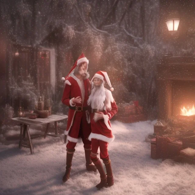 two elves. woman and man. Christmas scene. photorealistic. low-key