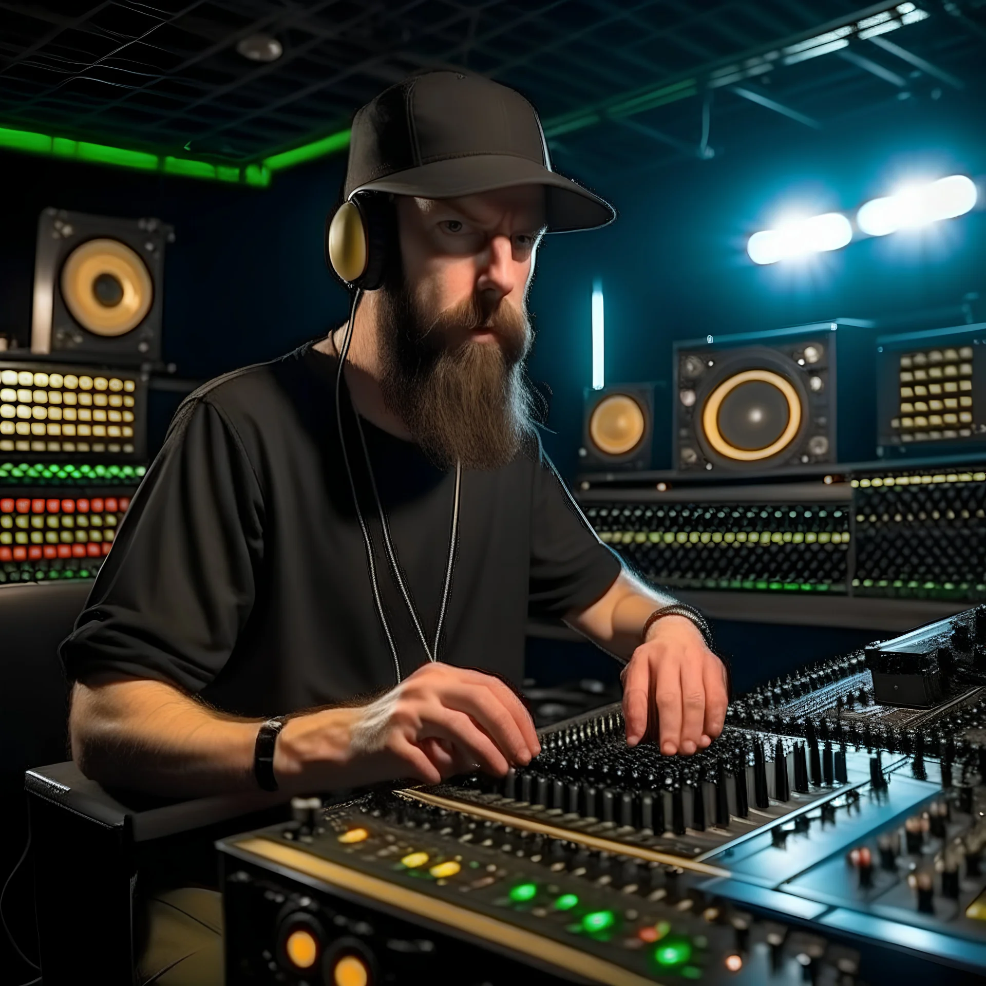 A short brown beard, DJ board,man with a baseball hat sing at microphone, many electronic consoles studio , microphones,, laser lights, FRONT VIEW