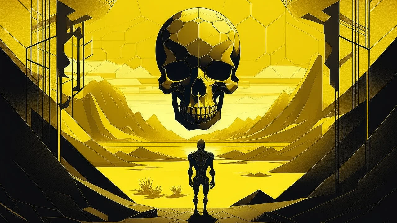 The image shows a naked human figure from behind with a box on its lower back, surrounded by surreal elements: a giant skull, an abstract geometric structure, and a desert landscape. The sky is dark and yellow, creating a mysterious and surreal atmosphere.