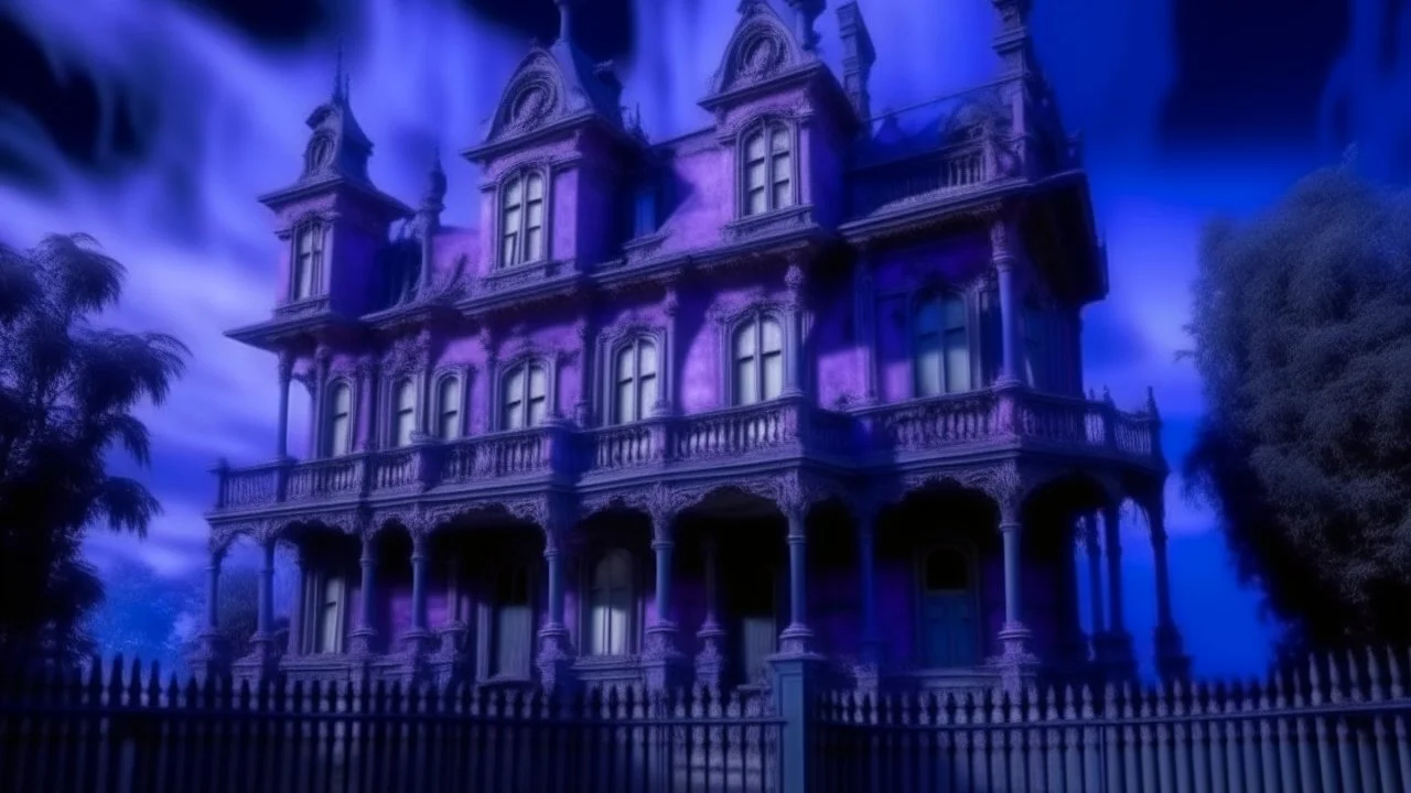 A purple scary mansion filled with ghosts painted by Claude Monet