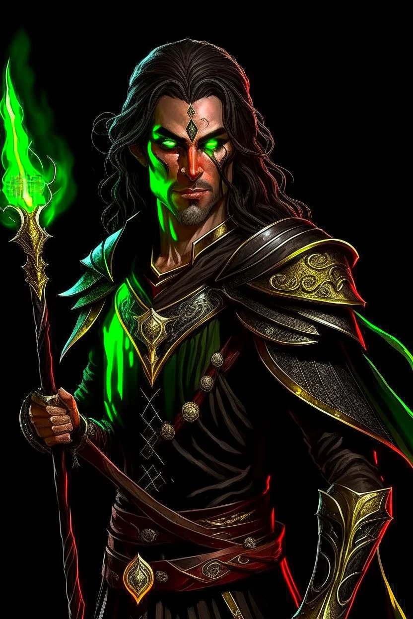 full length, mantle, black background, black with, holding a spear in his hand, dark green eyes, the character is not too close to the camera