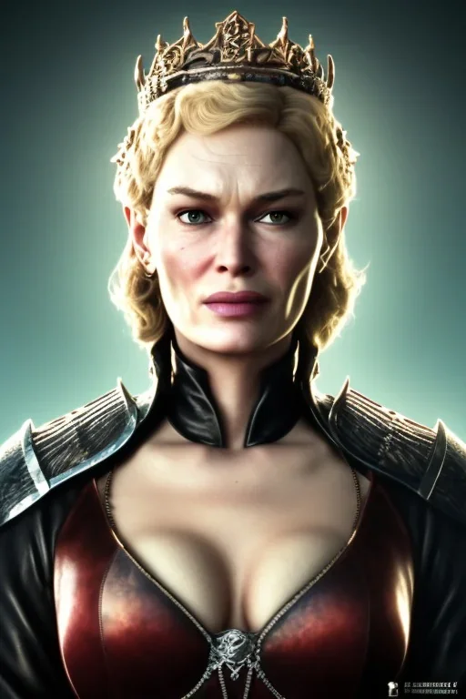 Cersei Lannister as evil queen in black leather, busty, cleavage, curvy, lena headay, angry, stern look. character design by cory loftis, fenghua zhong, ryohei hase, ismail inceoglu and ruan jia. unreal engine 5, artistic lighting, highly detailed, photorealistic, fantasy