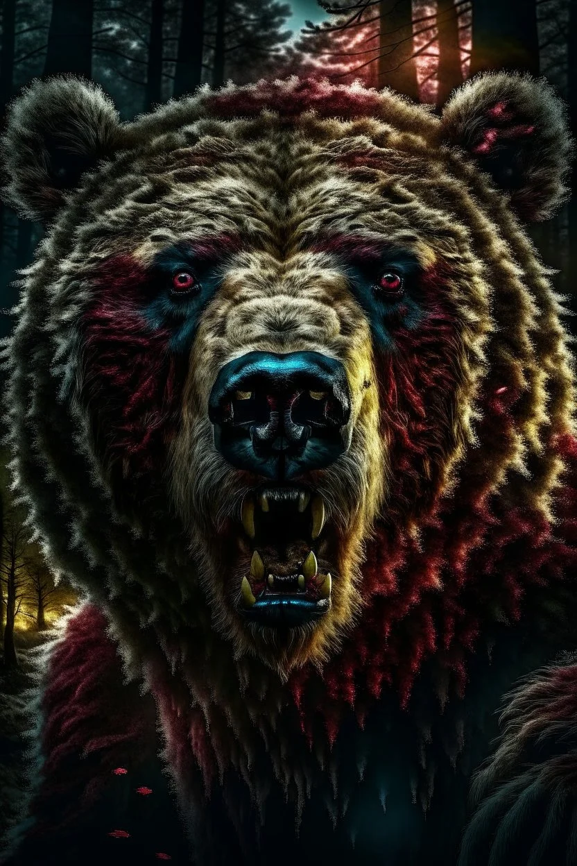 upclose realistic and mysterious photography,12k ultra-high-definition rendering of a scary bear, he is partially a robot, white furr, red scratch marks on him, showing thangs,exudes a sinister aura under the Forrest's dark and mysterious lighting