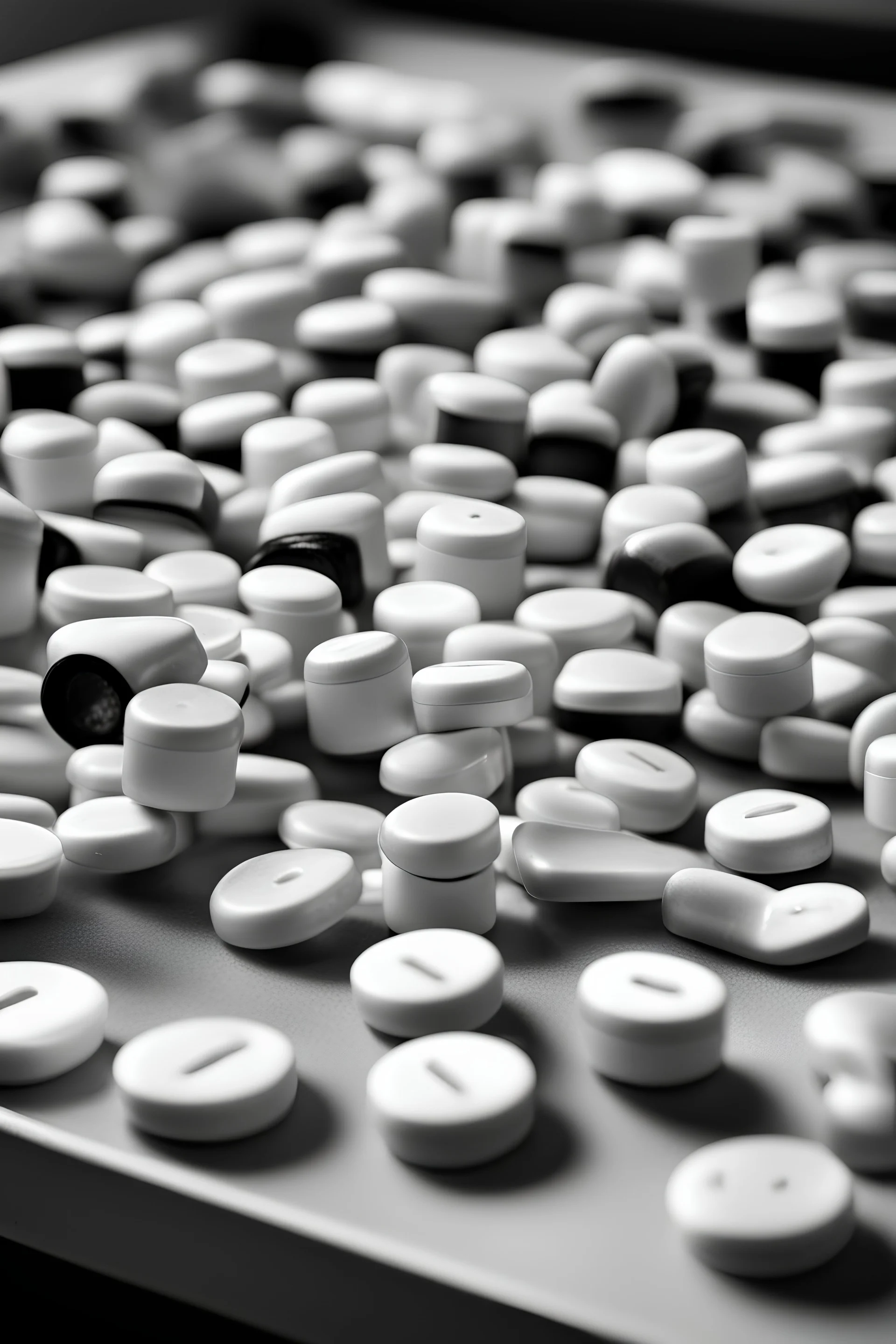 colorful medicine pills under a hospital bed in black and white.