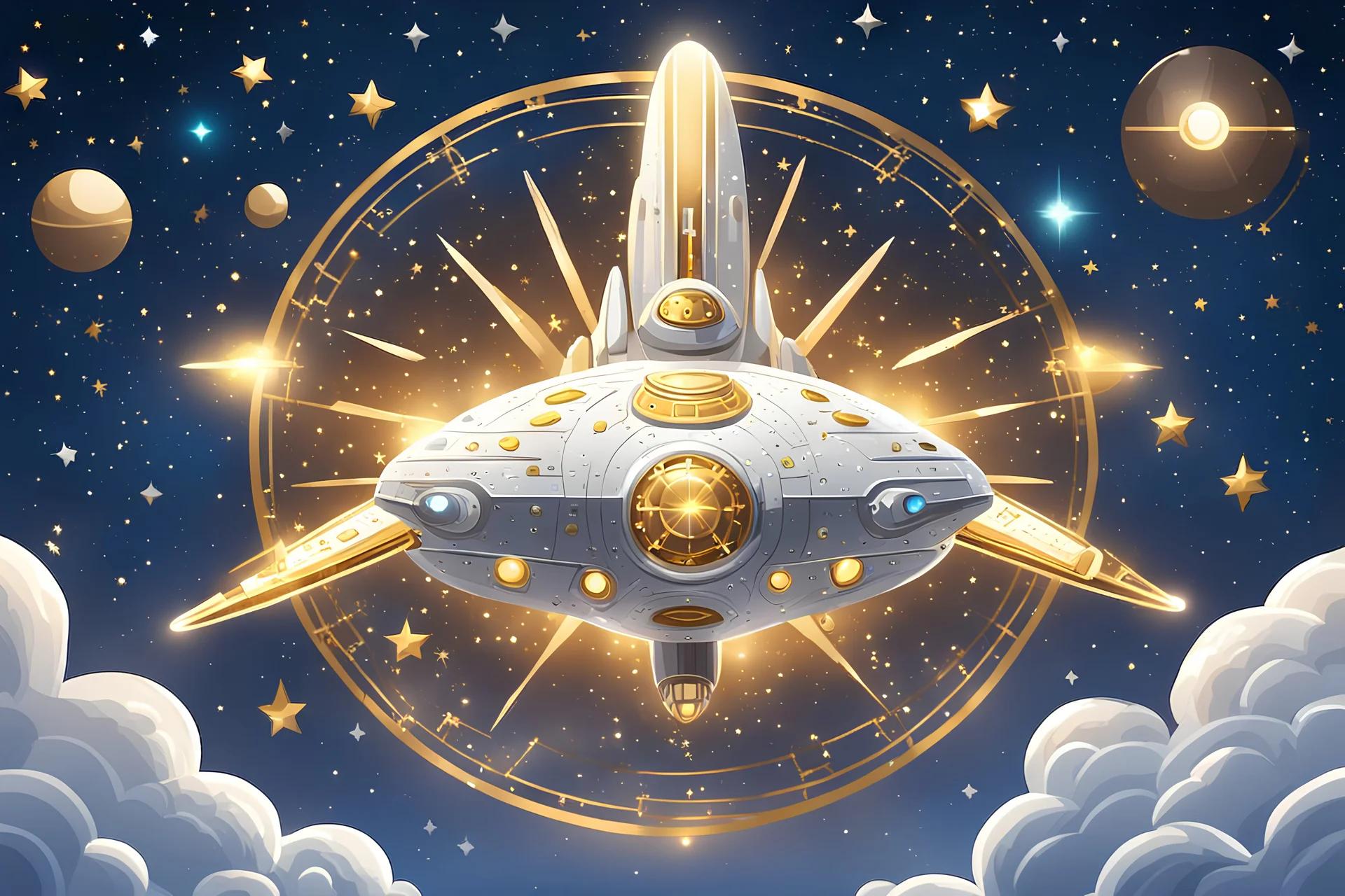 flat round silver and gold light FANTASY spaceship in starry sky