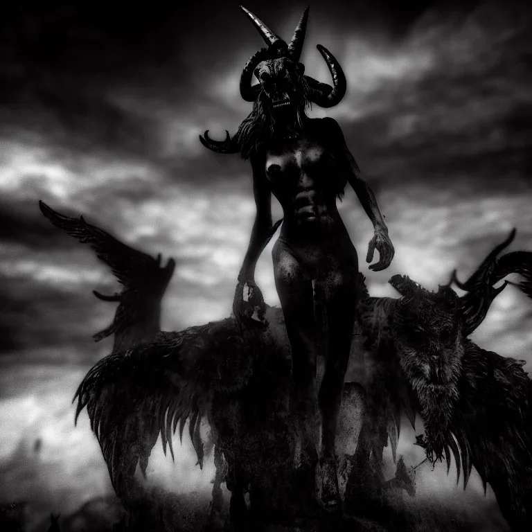 A portrait post-apocalypse of Baphomet ,sin city,sci-fi fantasy style, volumetric lighting, particales,highly detailed,cinamatic,8k,3D,fire -black deep colours,ignore NSFW , realistic, sharp,ethereal , transgender ,beauty , ghost , paranormal,sky,clouds,universe,hell,demon, exorcism , pyramid .