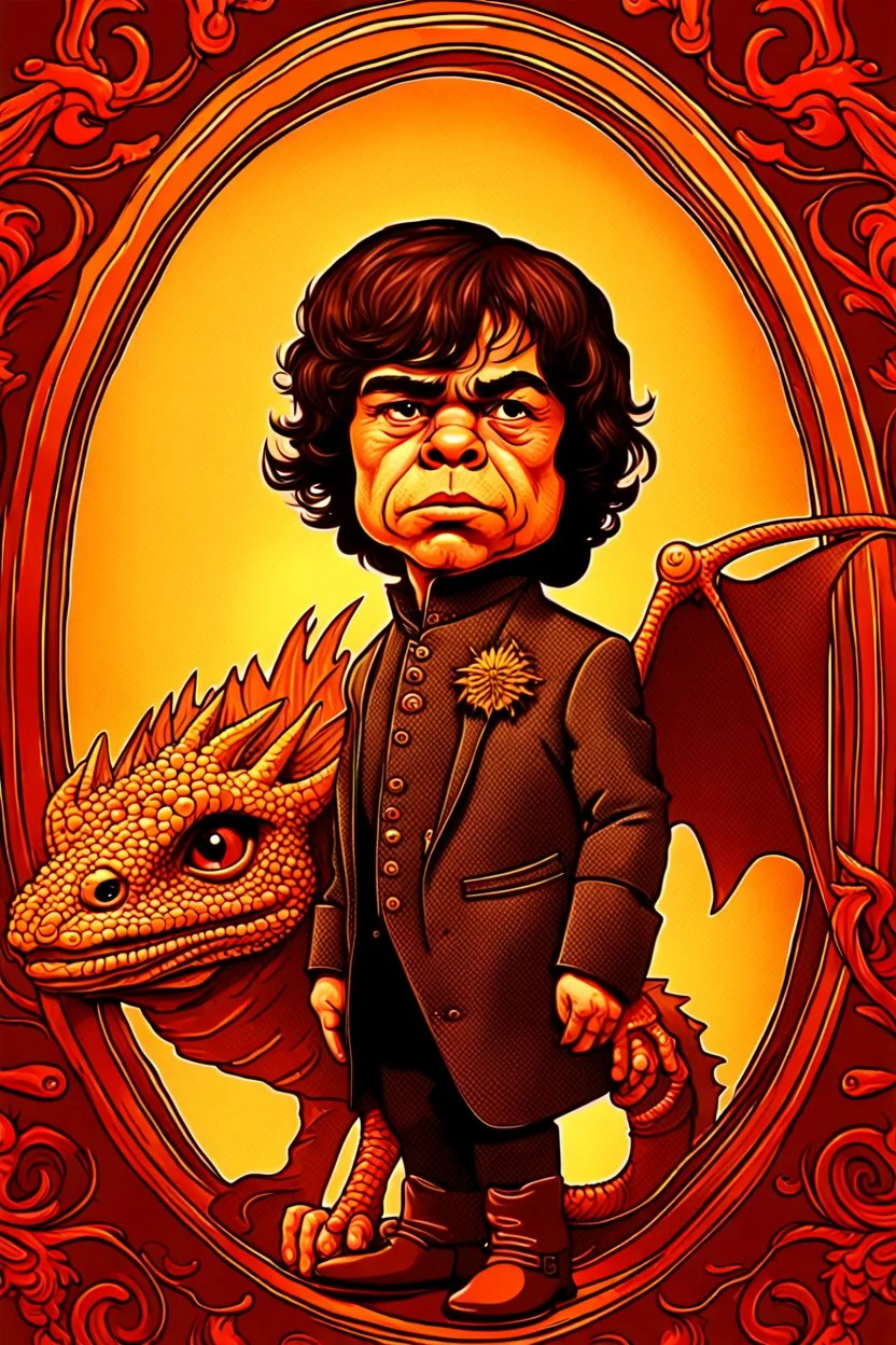 A portrait of an odd but strangely beautiful yet odd little humanoid creature named Herve Villechaize in the role of "Tyrion Lannister" from "Game of Thrones" with a dragon in the background Modifiers: very cute Norman Rockwell style of Bobby Chiu style of Chris Ryniak