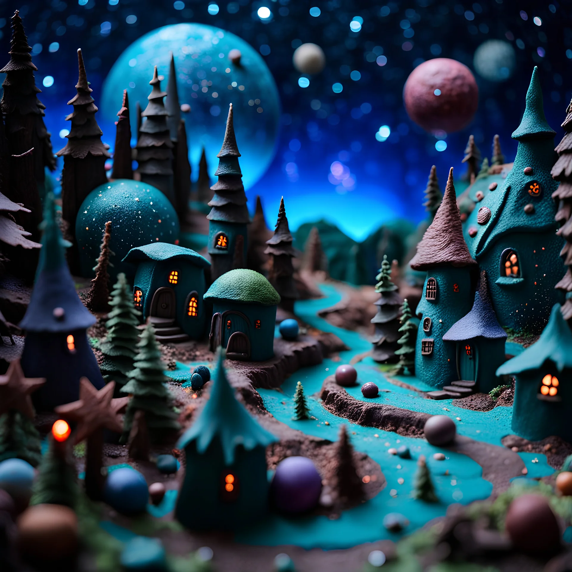 Detailed creepy landscape made of modeling clay, village, stars and planets, Roger Dean, naïve, Tim Burton, strong texture, Ernst Haekel, extreme detail, Max Ernst, decal, rich moody colors, sparkles, bokeh, odd