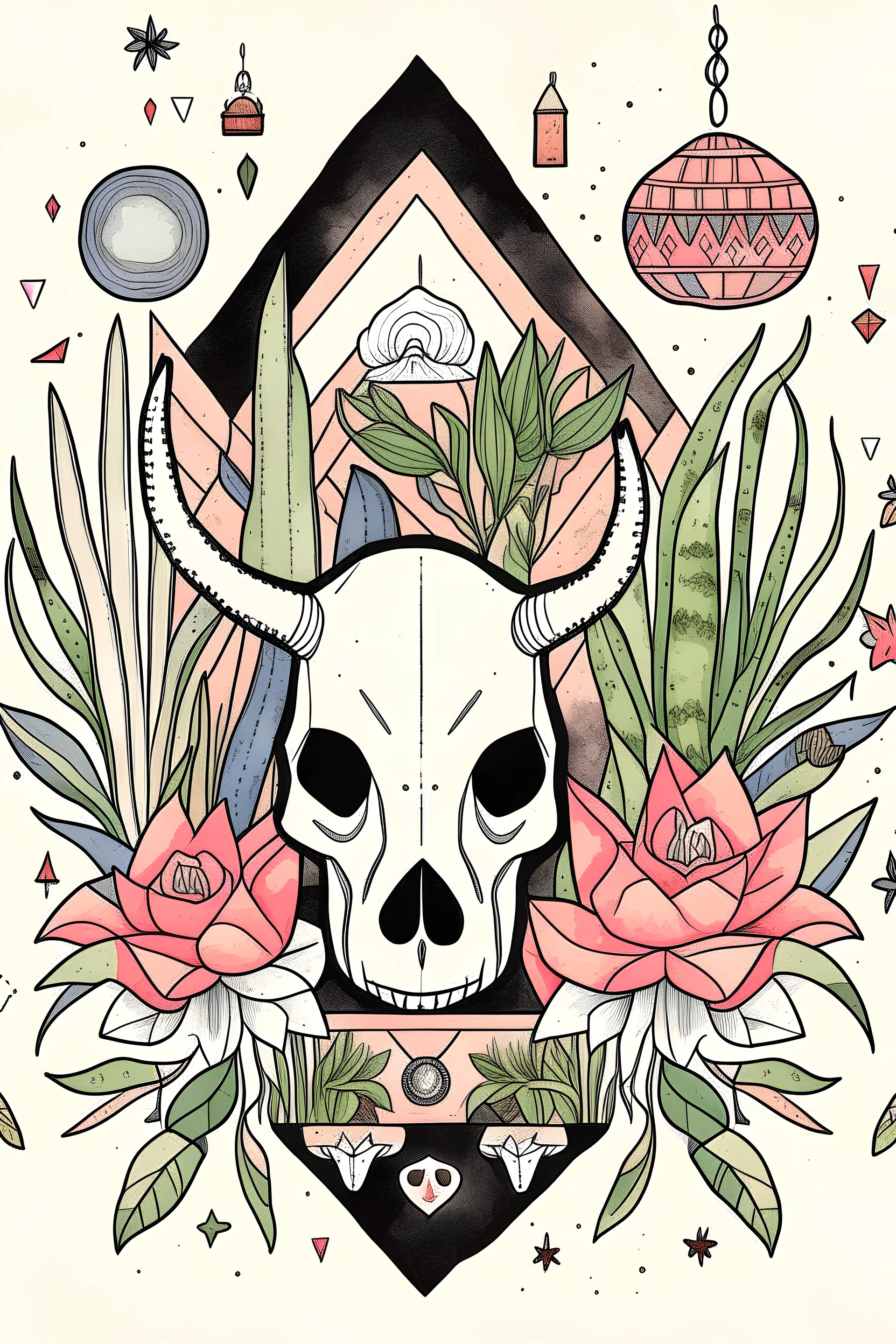 Gemstones, bull skull and house plants graphic