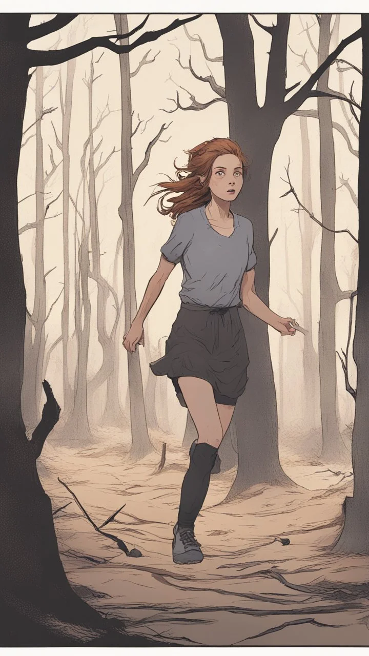 The young woman Lucy, dressed in modern attire, sprints through a barren and devastated forest. The trees are withered, the ground is littered with fallen branches, and an eerie silence hangs in the air.