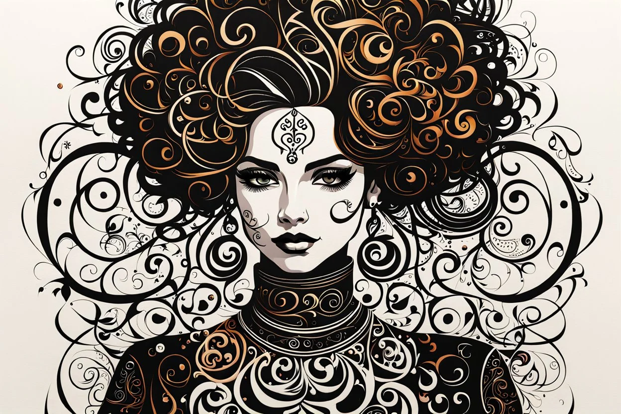 an abstract full body portrait of a goth punk girl from calligraphic letters, flourishes, and swirls , finely drawn and inked, in classic Arabic calligraphy, 4k, hyper detailed in the style of EL SEED and colored in the style of GUSTAV KLIMT