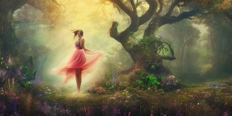 beautiful lady, dancing in a enchanted forest, fotorealistic, high quality, landscape, rainbow