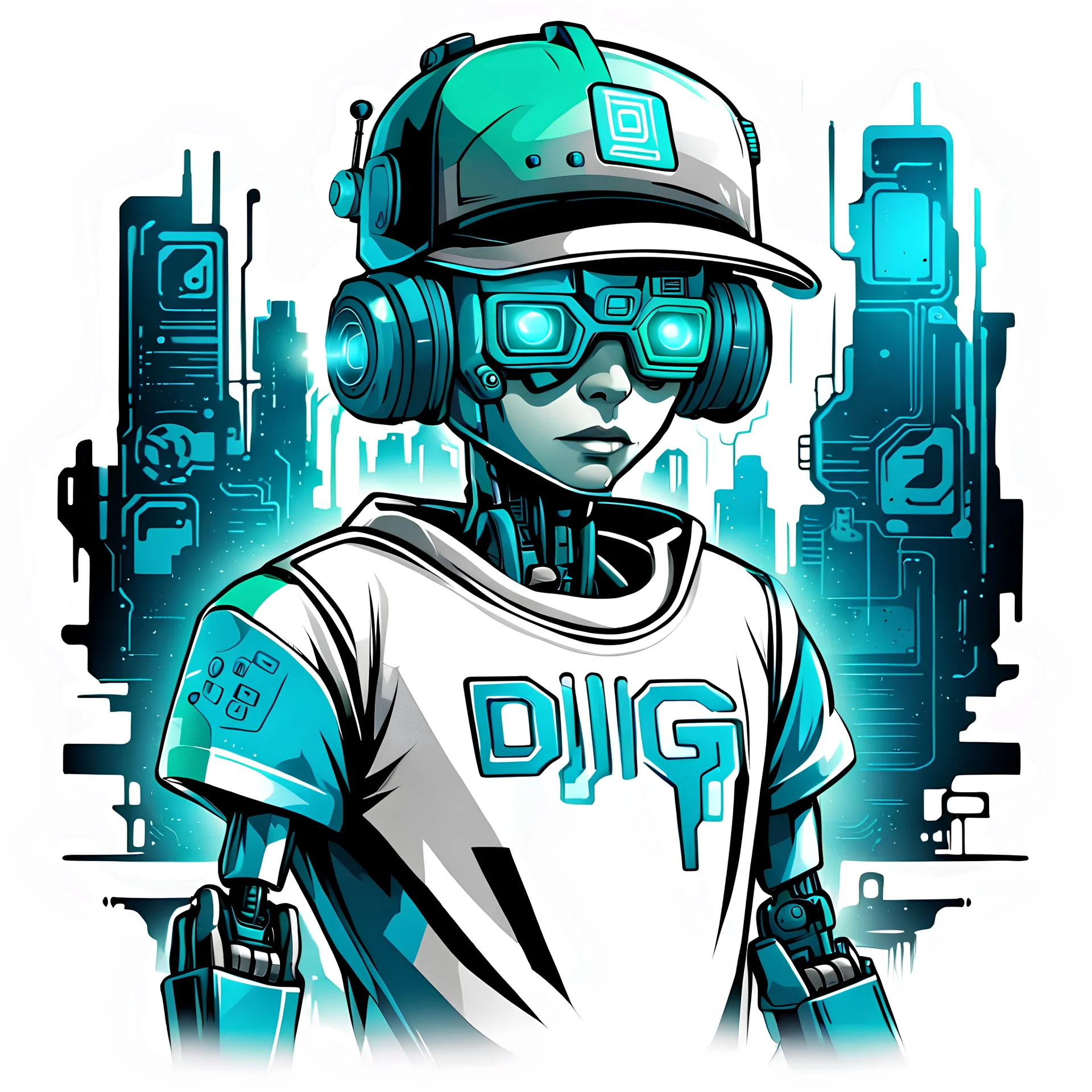 Vector t shirt art ready to print blue green light color graffiti illustration of a robot cyberpunk boy and a basecap with text "digi" On cap, white background.