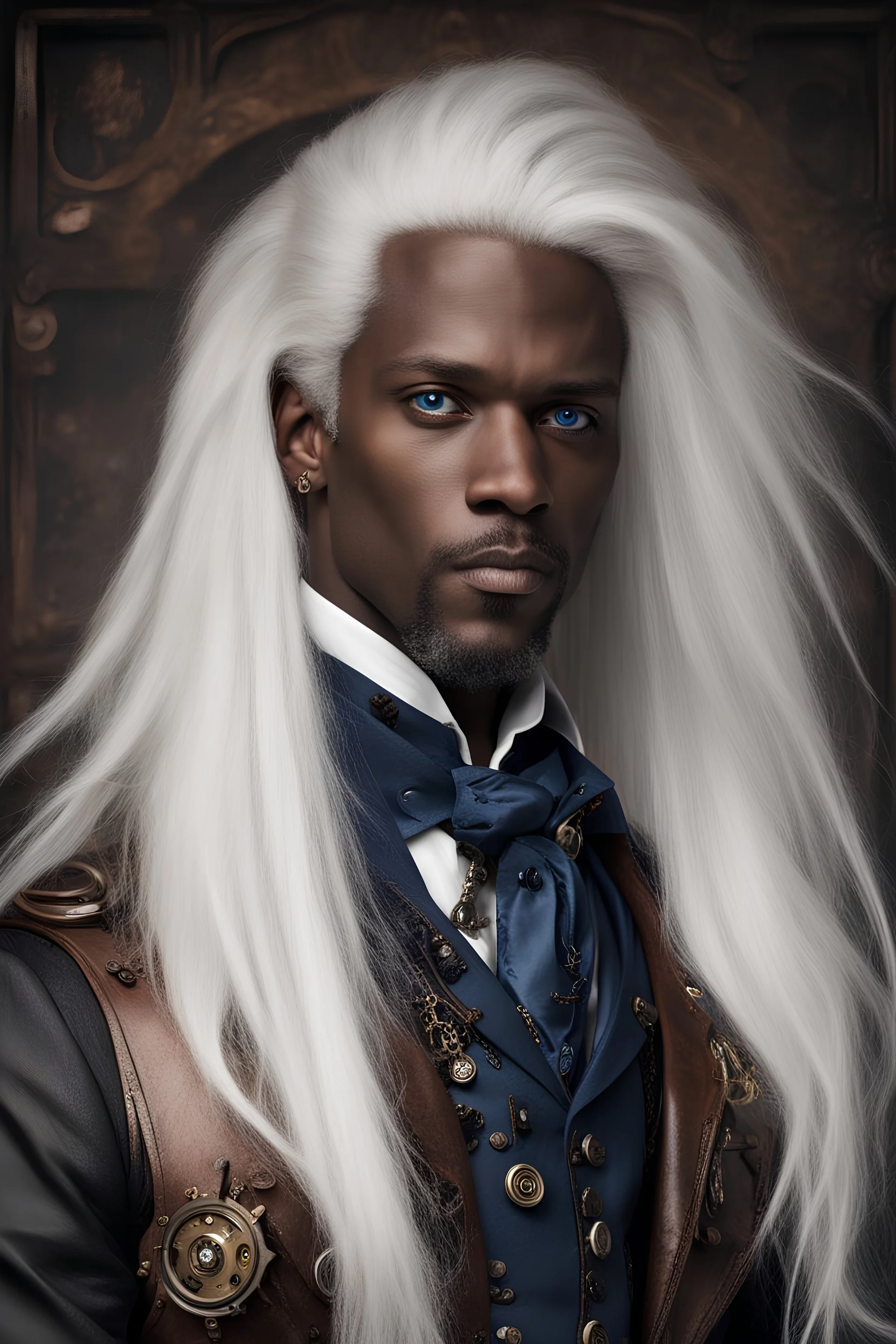 Forty year old steampunk steampunk ebony man whitn straight long white hair an blue eyes