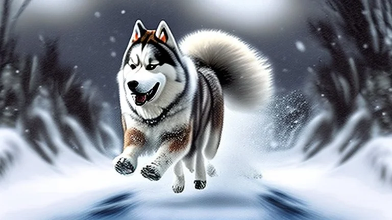 Alaskian Malamute running through the snow, furry style, shamanism, fish