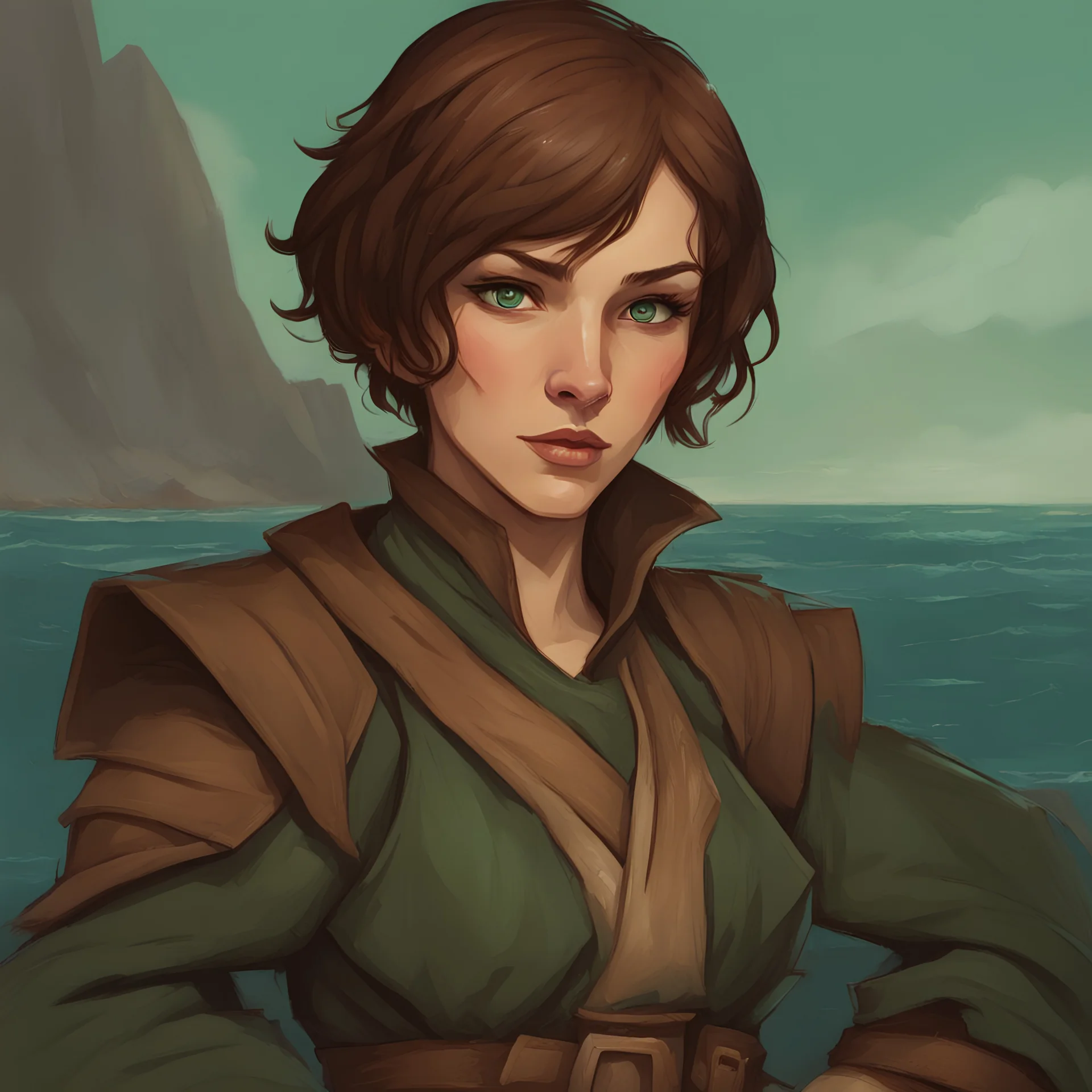 portrait; solid background; dungeons and dragons; human; female; short brown hair; sea green eyes; the fathomless; clothes for sea travel