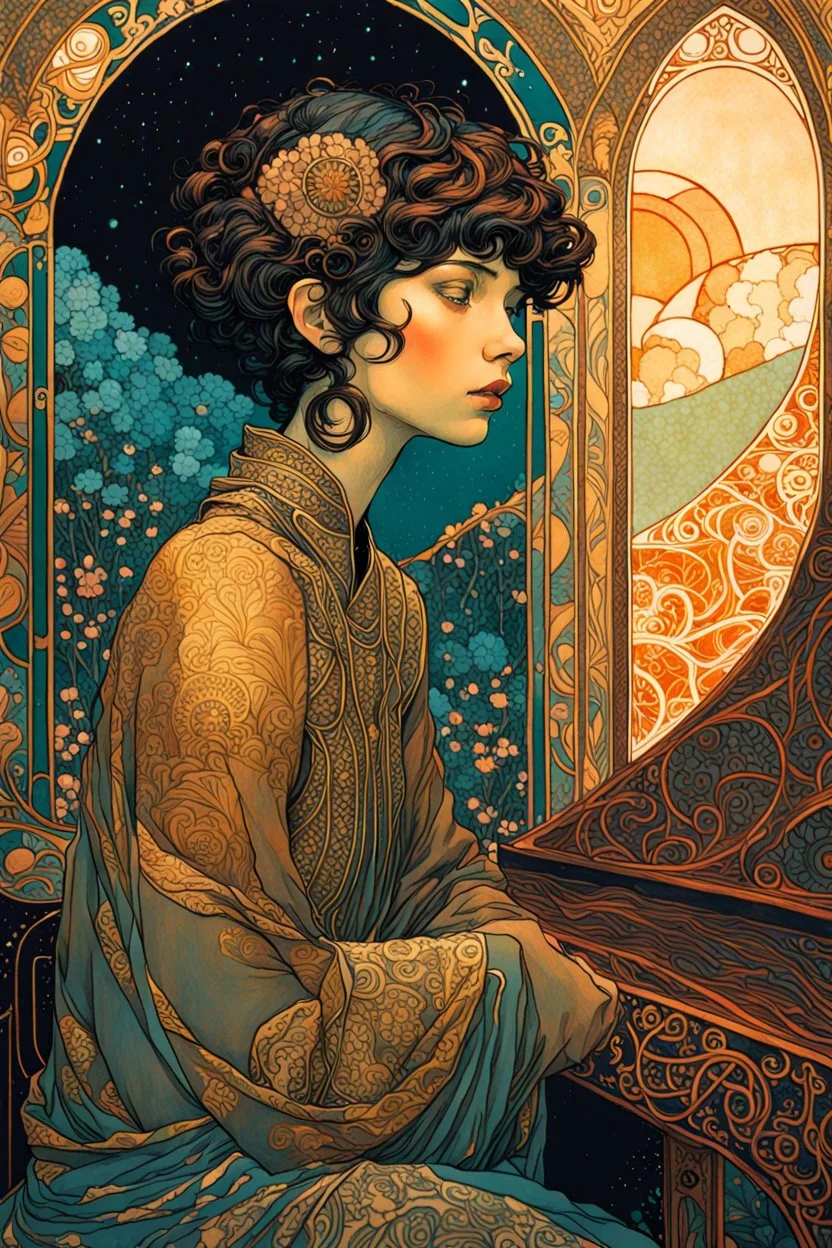 create an art nouveau, highly ethereal, darkly magical lithographic print illustration of a deeply sorrowful, girl with short cropped hair, seated at her piano , with highly detailed and deeply cut facial features, in the style of GUSTAV KLIMT and ALPHONSE MUCHA, combined with the comic art style of BILL SIENKIEWICZ and JEAN GIRAUD MOEBIUS, searing lines and forceful strokes, precisely drawn, boldly inked, and darkly colored