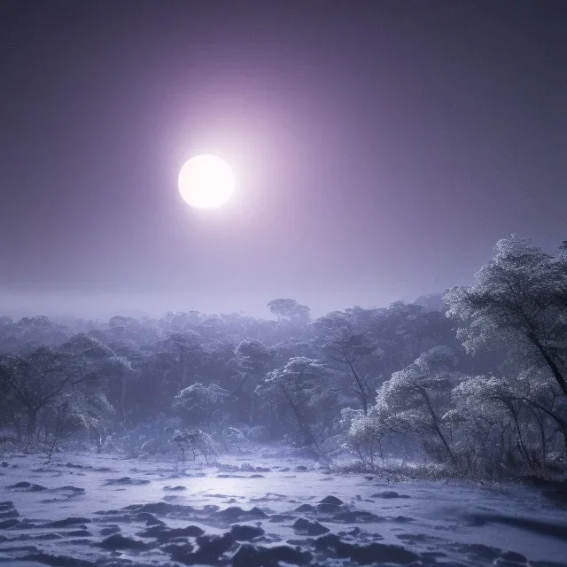 The giant bright moon streaks across the night sky like a big comet, amazon forest with snow and ice