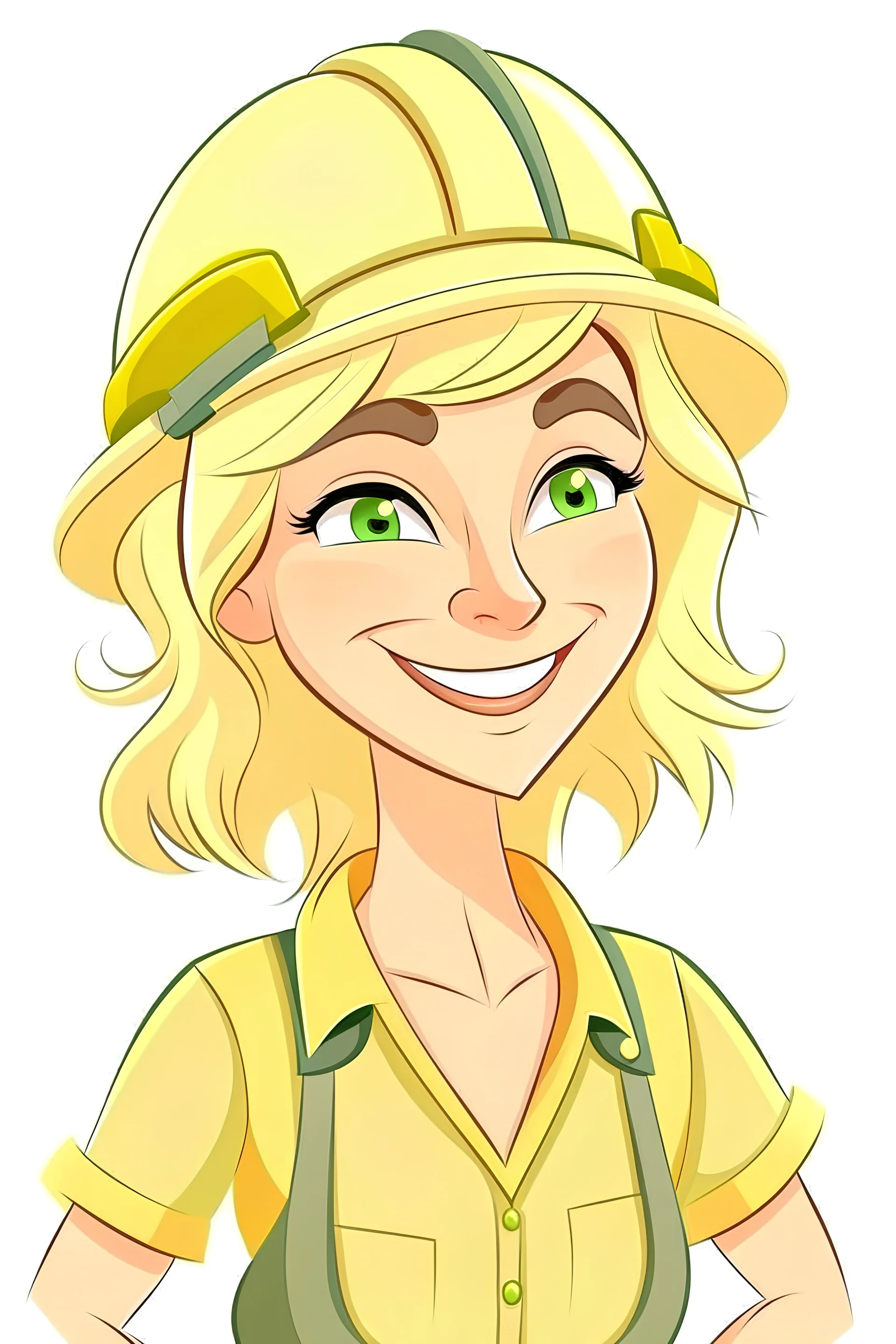 cartoon of a happy woman builder with blonde hair
