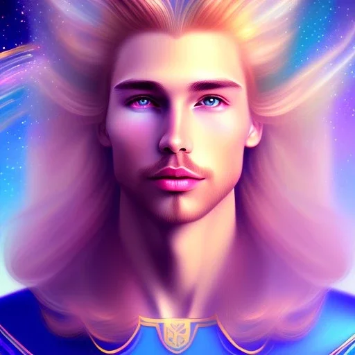 smiling beautifull long hair blond man face with small cristal diadem on the forehead , cosmic armor and cosmic purple and blue sky behind