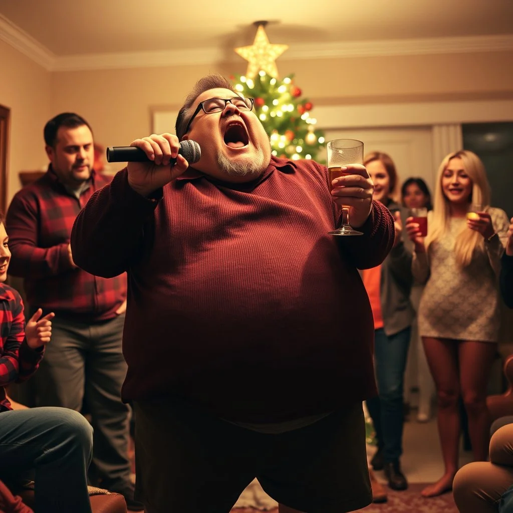 Holidays diasters, drunk Uncle Phil singing into drumstick while very drunk, fat belly hanging out over pants, photoreal, family holiday party, christmas tree in background