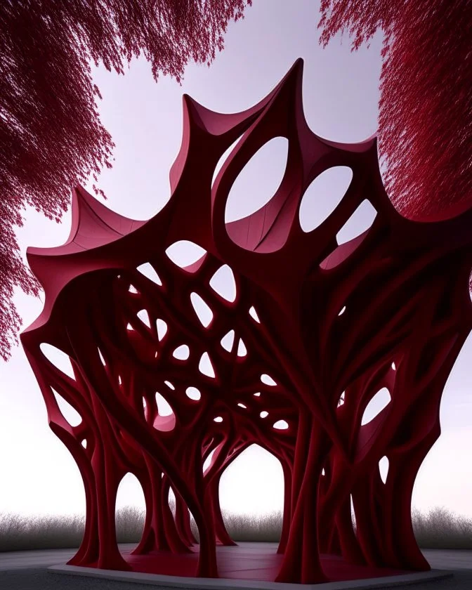 deep RED architectural grounded pavilion, where the atmosphere resonates with the essence of the root chakra.