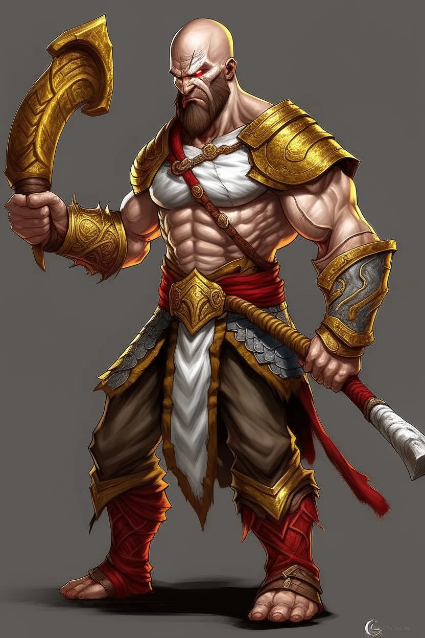 Generate a detailed and dynamic digital illustration of Kratos, the iconic character from the God of War video game series. Ensure that Kratos is portrayed in a powerful and imposing stance, wielding his signature weapon, the Leviathan Axe, with dramatic lighting that emphasizes his strength and determination. Pay attention to capturing the intricate details of his armor, facial expression, and any surrounding elements that enhance the epic and mythical atmosphere of the scene